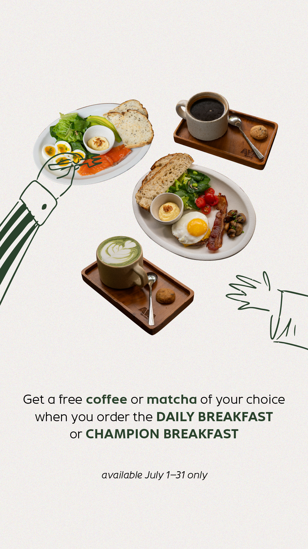 AVA Bistro breakfast promotion — free coffee or matcha with Daily Breakfast or Champion Breakfast